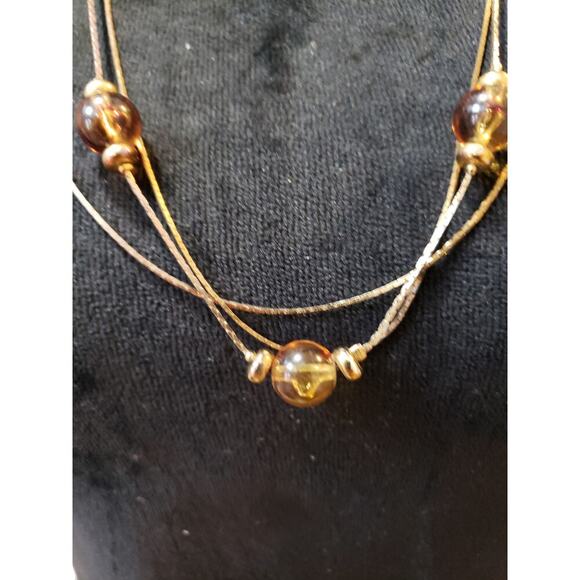 Women's Multi-Strand Beaded Necklace Gold Tone Brown Glass Beads Layered Chain - Picture 3 of 6